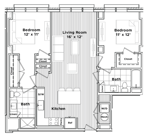 Floor plan for 2 beds, 2 baths, 1049 sqft